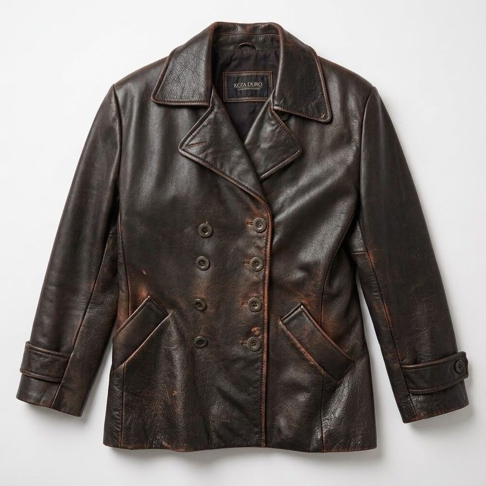 Reza Duro Vintage Women Genuine Leather Jacket M Double Breasted Distressed